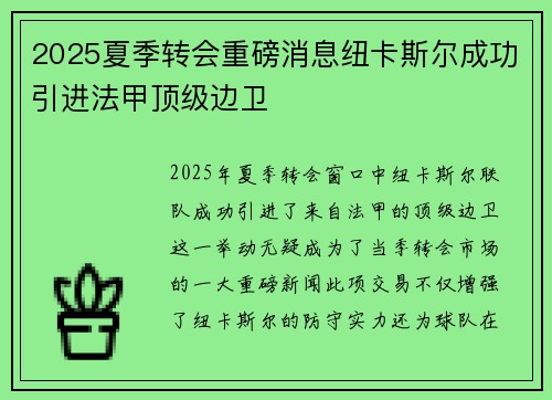 2025夏季转会重磅消息纽卡斯尔成功引进法甲顶级边卫 2025夏季转会重磅消息纽卡斯尔成功引进法甲顶级边卫