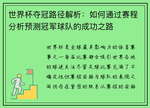 世界杯夺冠路径解析：如何通过赛程分析预测冠军球队的成功之路